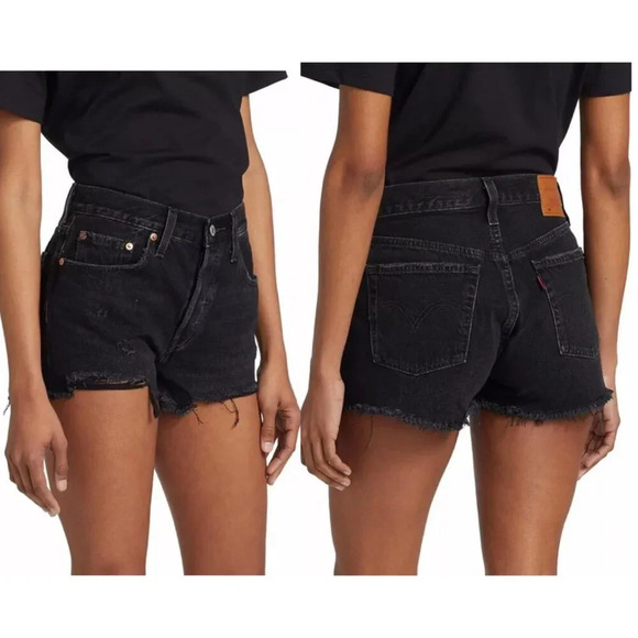 Levi’s 501 Black Distressed Chewed Hem High Rise Denim Jean Shorts 27436 - Picture 1 of 8